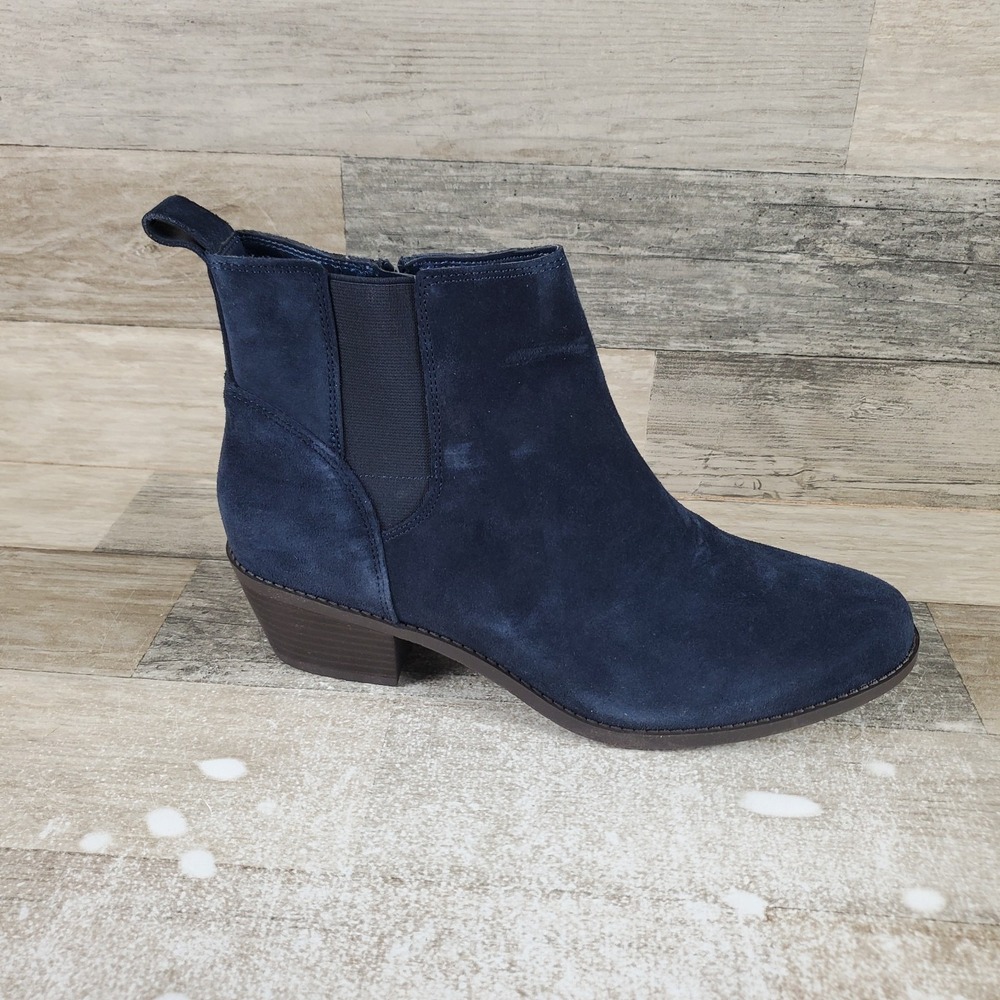 Vionic Roseland Womens Ankle Boots Sz 9.5 Navy Suede Leather Side Zip Block Heel